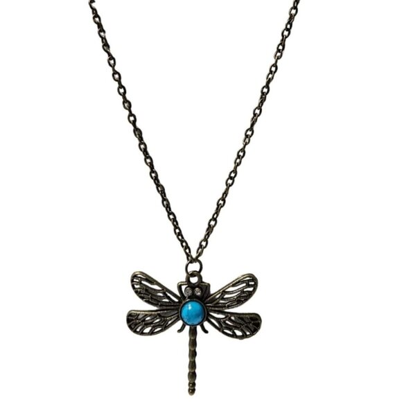 Vintage Dragonfly Pendant Necklace Turquoise Stone Bronze Chain Fashion Jewelry - Picture 1 of 6